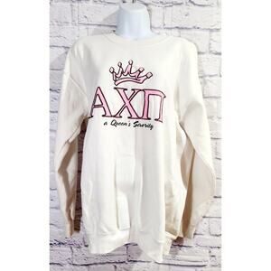 Gildan White Pink AXN A Queen's Sorority Graphic Sweatshirt Medium Long Sleeves